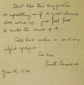 handwritten letter from Ruth Benedict to Ruth Boas