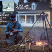 Broadcast details superimposed on reenactor and fort buildings