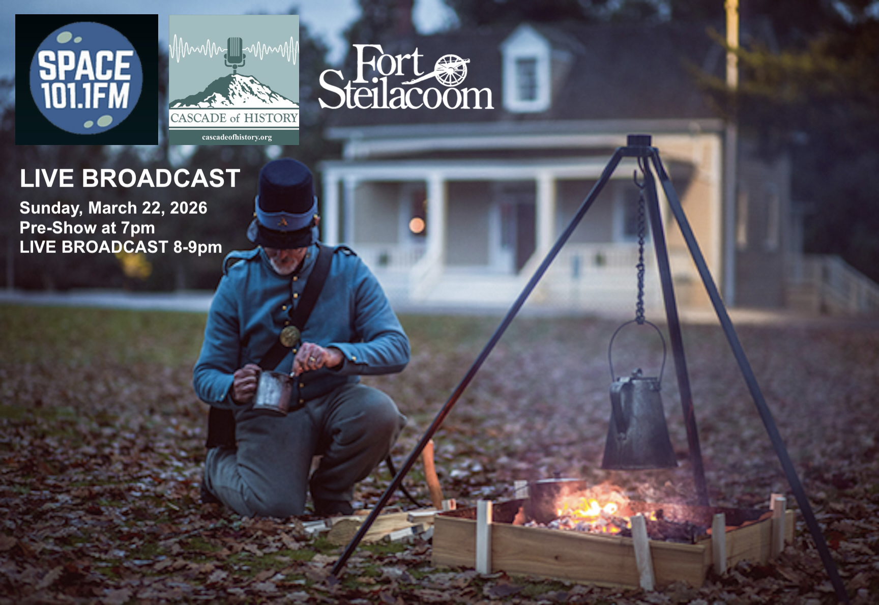 Broadcast details superimposed on reenactor and fort buildings